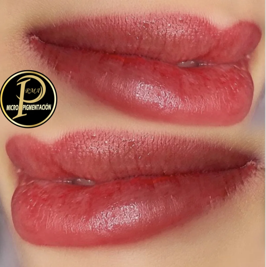 Labios recién micropigmentados y el mismo trabajo una vez curado